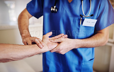 Buy stock photo Pulse, hands and person with nurse for checkup, wellness or assessment of cardiology health in clinic. Medical exam, patient or cardiologist in hospital monitor illness, arthritis or blood pressure