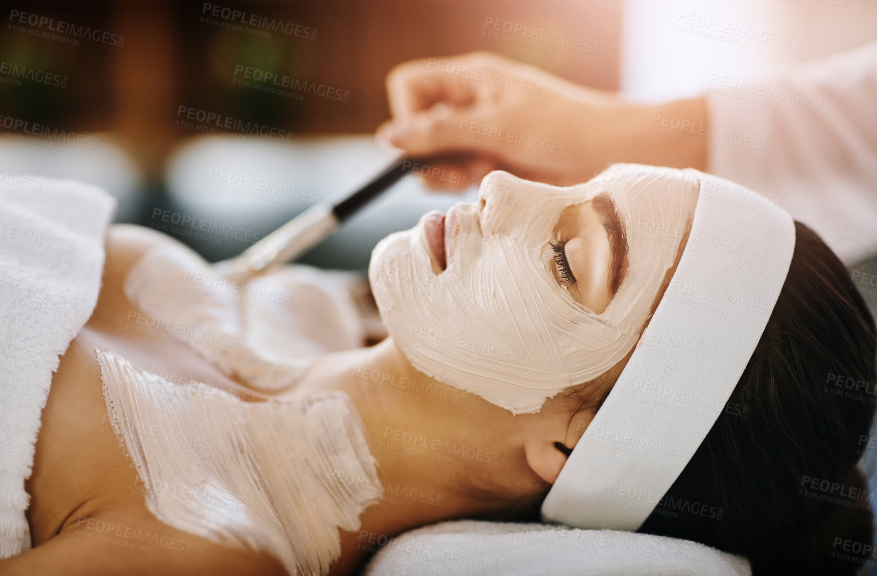 Buy stock photo Woman, spa and relaxing with face mask for skincare, pamper weekend and wellness with client. Facialist, treatment and skin rejuvenation or pore tightening, eyes closed and cosmetic beauty facial