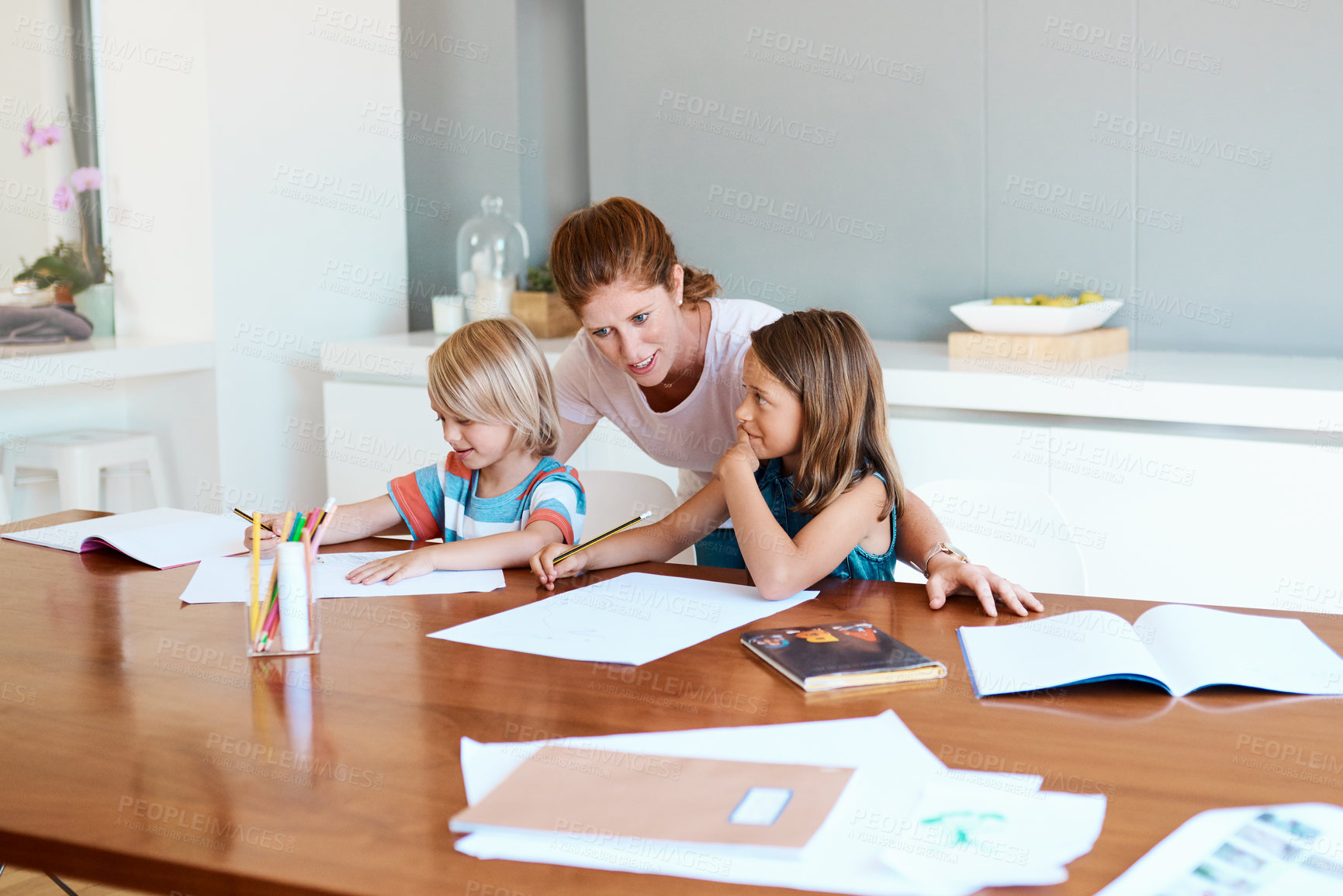 Buy stock photo Mother, kids and paper in home for education, distance learning and creativity for growth. House wife, children and happy at table for knowledge, fun activity and writing skill development in lesson