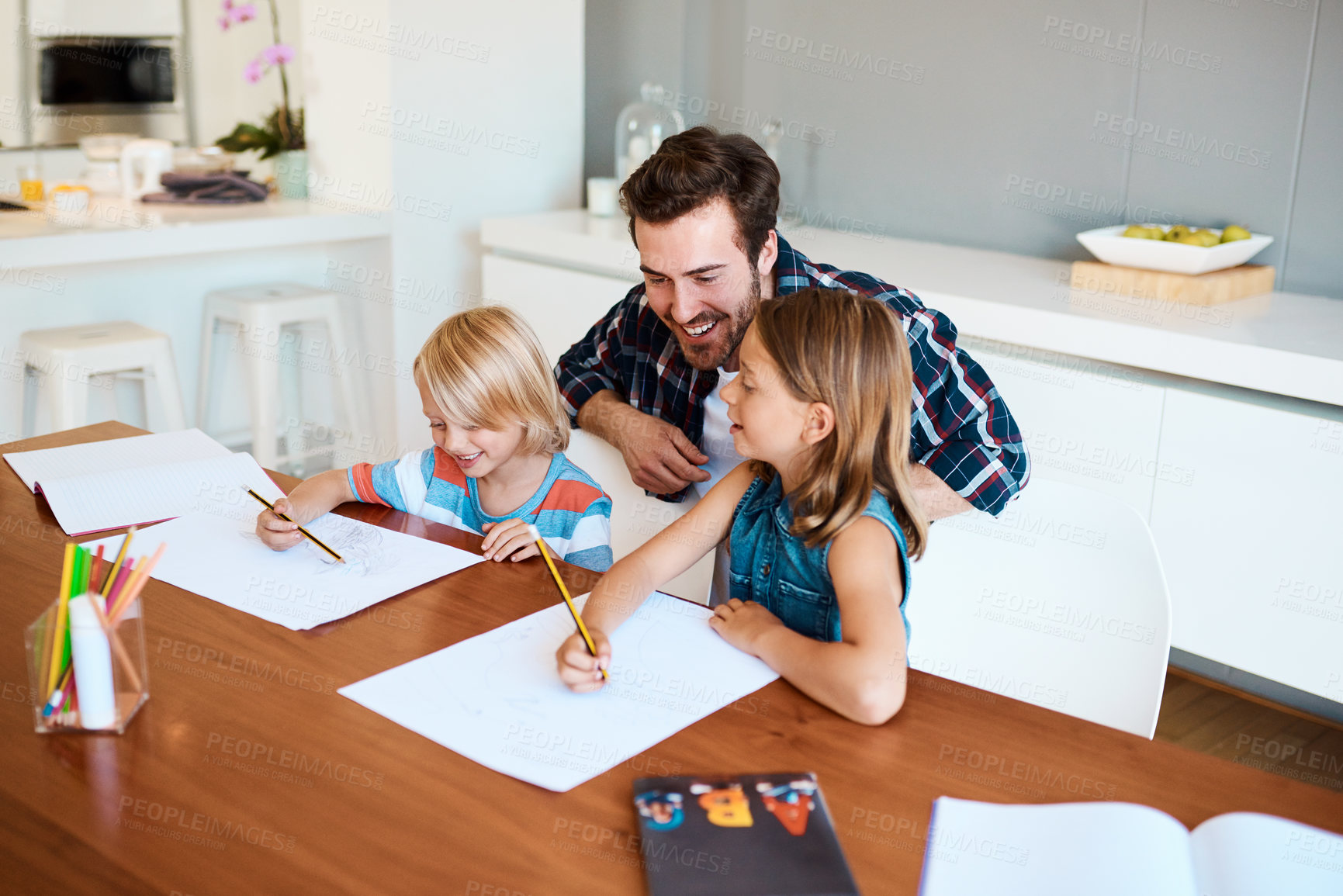 Buy stock photo Dad, children and paper in home for education, distance learning and creativity for growth. Father, kids and happy at table for fun activity, art project and drawing skill development in lesson