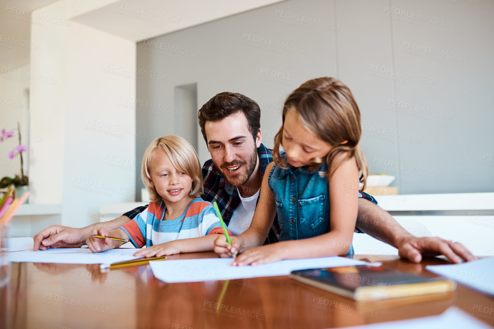 Buy stock photo Home school, father and kids drawing for learning, education and help to study together. Dad, people and creative art for homework, lesson and teaching to sketch with color for talent development