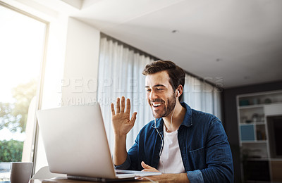 Buy stock photo Business man, video call and laptop with wave in home office for hello, audio and communication at desk. Young businessman, computer and earphones for webinar, online consultation and remote work