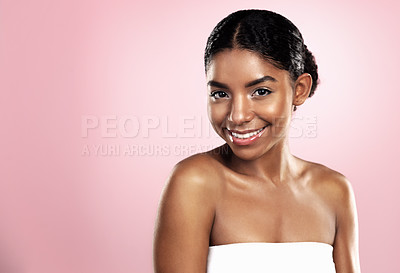 Buy stock photo Portrait, happy woman and face for skincare on pink background, studio and mockup for clean dermatology. African, female model and natural beauty with confidence, glowing skin and aesthetic cosmetics