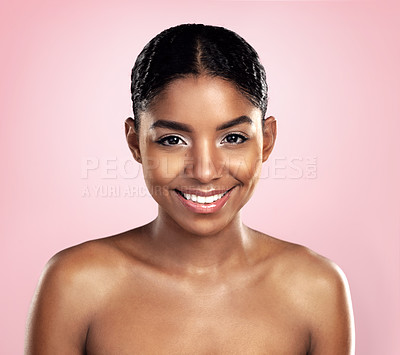 Buy stock photo Skincare portrait, happy woman and african face on pink background, studio and dermatology of natural beauty. Female model, aesthetic glow and smile for makeup cosmetics, facial treatment and shine