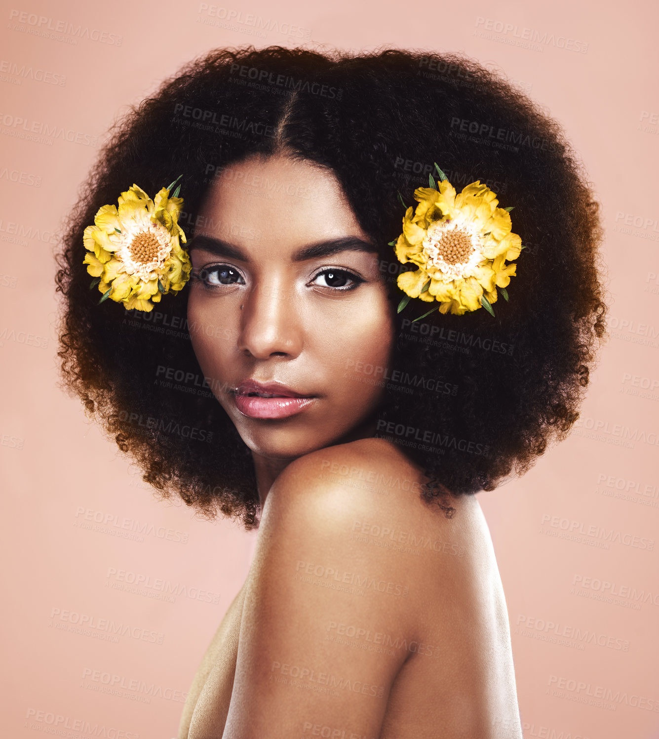 Buy stock photo Face of serious woman, flowers and hair in studio background for beauty, eco friendly aesthetic and glow. Portrait of african model, natural skincare and floral plants in afro for sustainable makeup