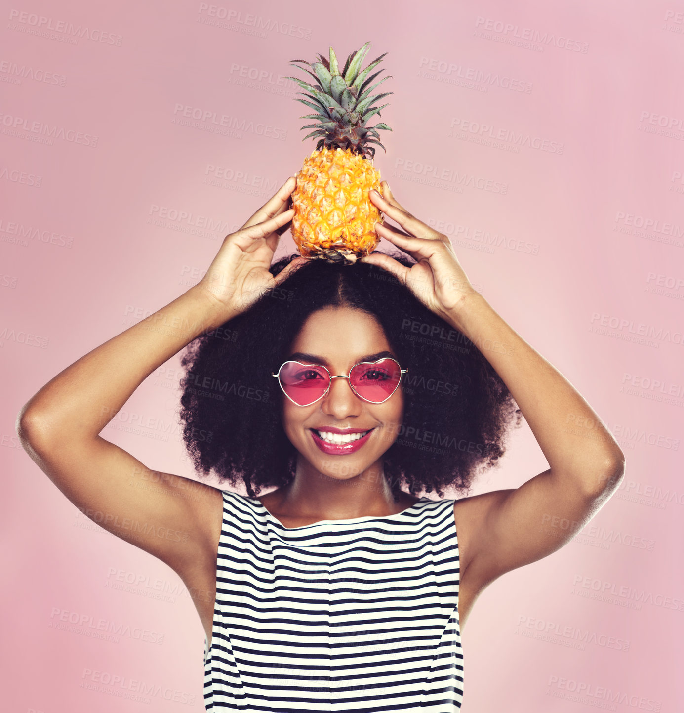 Buy stock photo Studio, portrait and black woman with pineapple, diet and detox on pink background. Eyewear, nutrition and gut digestion for weight loss and vitamins for female model, vegan and vitamin c for fiber