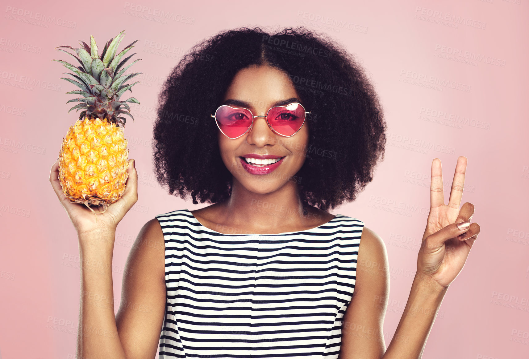 Buy stock photo Peace sign, portrait and black woman with pineapple, studio or detox on pink background. Health, nutrition and gut digestion for weight loss and vitamins for female model, vegan and vitamin for fiber