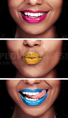 Buy stock photo Composite shot of an unidentifiable model wearing different shades of lipstick