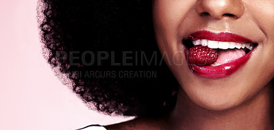 Buy stock photo Eating, teeth and black woman with raspberry for nutrition, health and healthy diet isolated on pink background. Closeup, gen z girl with fruit for food, wellness and happy on studio banner