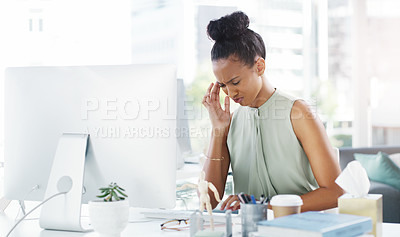 Buy stock photo Administrator, stressed and business woman on computer, planning and schedule for company on technology. Receptionist, system administration and vision, working on company website with headache