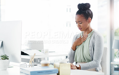 Buy stock photo Business, woman and chest pain in office, discomfort and administrator for company on technology with heartburn. Receptionist, healthcare for system administration, working on website with employee