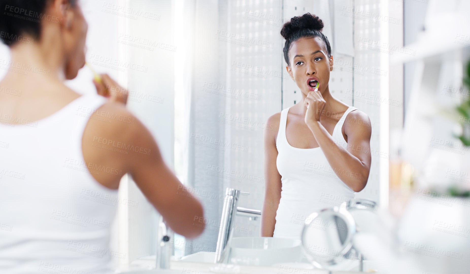 Buy stock photo Woman brushing teeth in bathroom, mirror with dental and oral hygiene with morning routine, toothbrush and health. Female person at home, grooming and self care with clean mouth and wellness