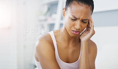 Buy stock photo Black woman, hand and headache pain in home for pressure tension with vertigo, brain fog or migraine. Female person, stress and inflammation fatigue or anxiety burnout with tired, overworked or sick