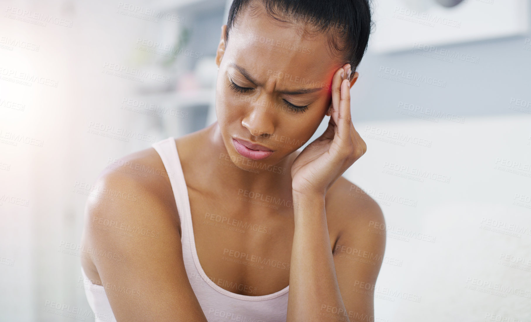 Buy stock photo Black woman, pain and headache pressure in home with red overlay for brain fog, vertigo or migraine. Female person, hands and stress inflammation for fatigue or mental health anxiety, tension or hurt