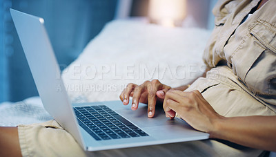 Buy stock photo Person, laptop and hands in bedroom for streaming, online app or social media and internet for relax. Tech user and digital device indoor for typing, email or research for website, networking or blog