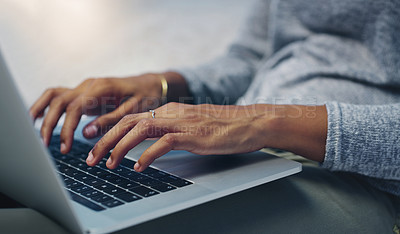 Buy stock photo Writer, home or hands of person on laptop for networking on email or online research for remote work. Typing closeup, communication or editor copywriting on blog website, feedback or internet article