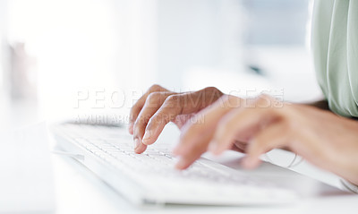 Buy stock photo Hands, typing and keyboard with computer, woman and planning with creativity for content creator job. Female, digital entrepreneur and writing with pc, desktop and creative for social media manager