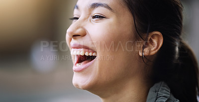 Buy stock photo Happy, laugh and headshot of Asian woman outdoor in city, urban town and street with blurry background in China. Excited, student and closeup of gen z girl with smile for freedom, calm and relax