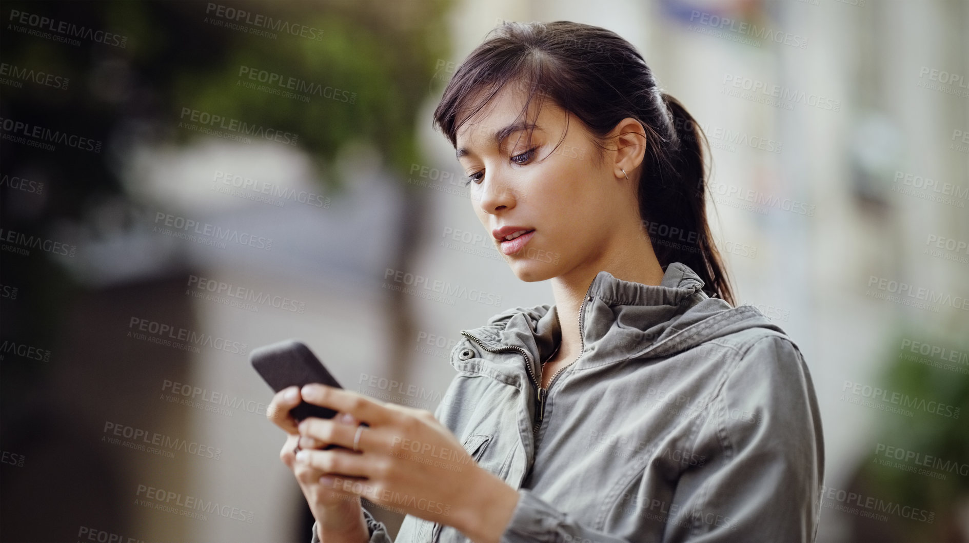 Buy stock photo Woman, smartphone and social media in the city with communication and technology outdoor. Female person online in urban street, connectivity and chat on mobile app with mockup space and texting