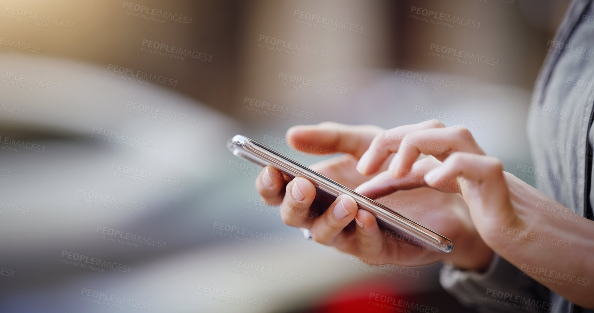 Buy stock photo Woman hands, smartphone and scroll social media in the city with communication and technology outdoor. Female person online in urban street, connectivity and mobile app with mockup space and texting