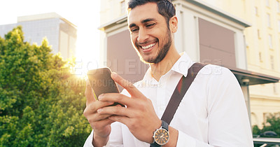 Buy stock photo Phone, news and happy businessman walking in city with social media, chat or notification on morning commute. Smartphone, travel and entrepreneur outdoor with web scroll, gif or meme communication
