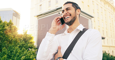 Buy stock photo Phone call, business man and laughing in city, talking and speaking to contact. Cellphone, funny and happy male professional in urban street for discussion, communication and comedy or joke outdoor