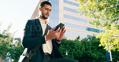 Buy stock photo Business man, city and phone with travel, ride share or online location with map for commute. Search, connection and professional in urban town for transport service, taxi or drive app outdoor