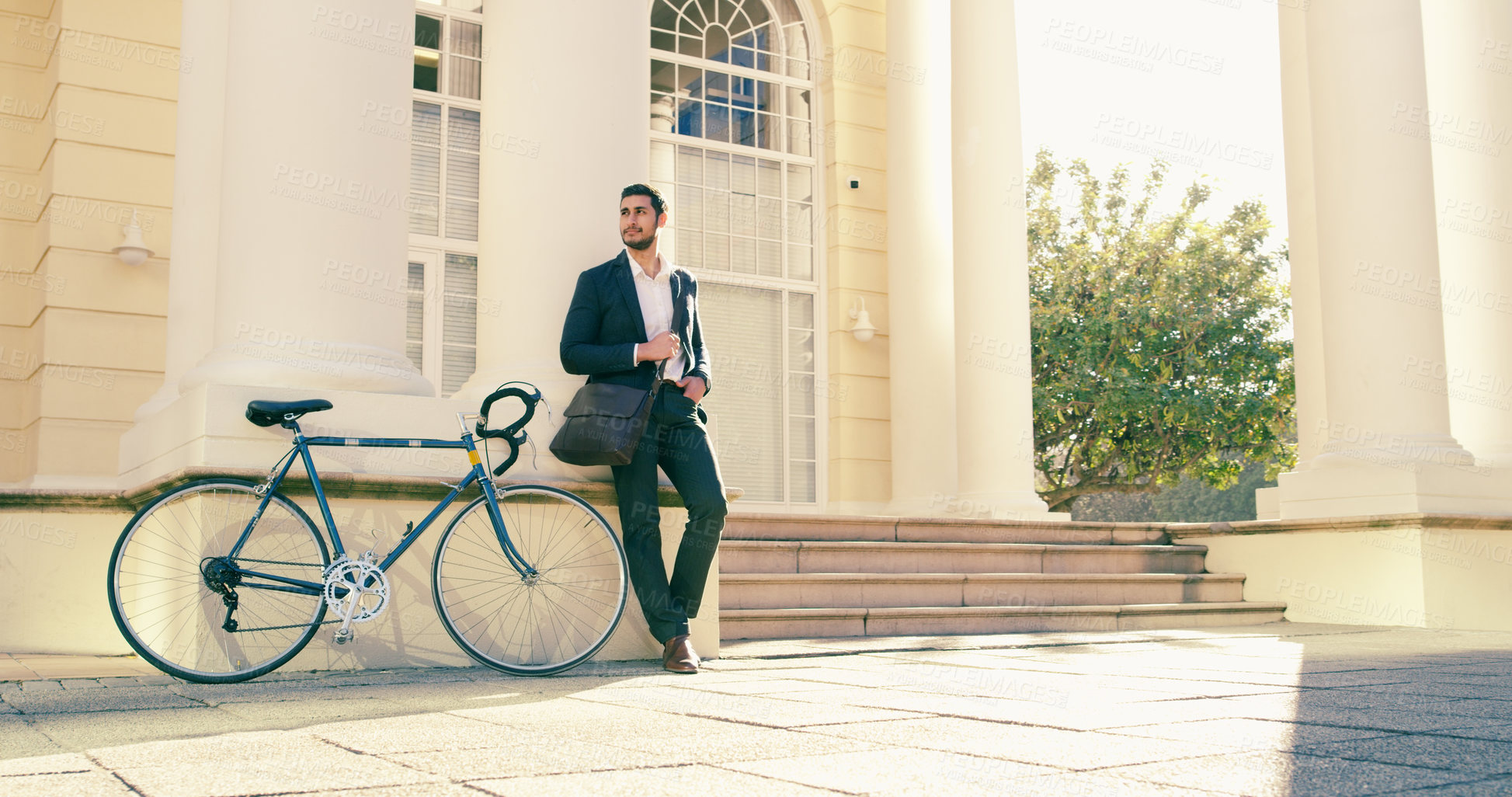 Buy stock photo Bicycle, travel or businessman at law firm for interview, meeting or job opportunity. Carbon neutral, cycling and lawyer with eco friendly transport in London for recruitment, deal and hiring offer