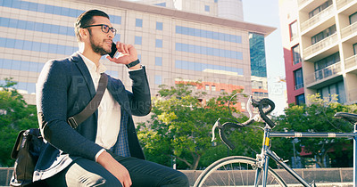 Buy stock photo Phone call, business man and bicycle on steps in city to travel with eco friendly transport. Cellphone, bike and male professional on stairs talking, thinking and discussion while sitting on street.