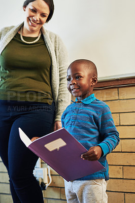 Buy stock photo School, teacher or boy with book for presentation in classroom, help and communication assessment. Kindergarten, public speaking or girl with happy student for storytelling, exam or project support