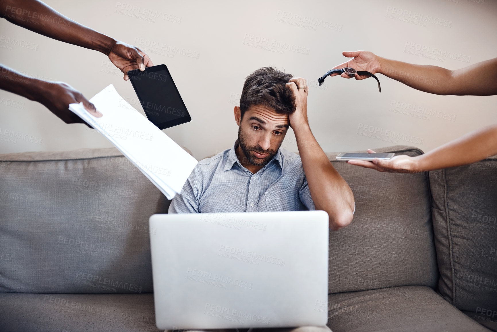 Buy stock photo Business, man and hands with stress for deadline on sofa with time management fail, overwhelmed or multitasking. Entrepreneur, freelancer and headache with reminder, tasks and laptop with remote work