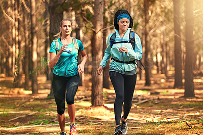 Buy stock photo Shot of two sporty young women out exercising in nature