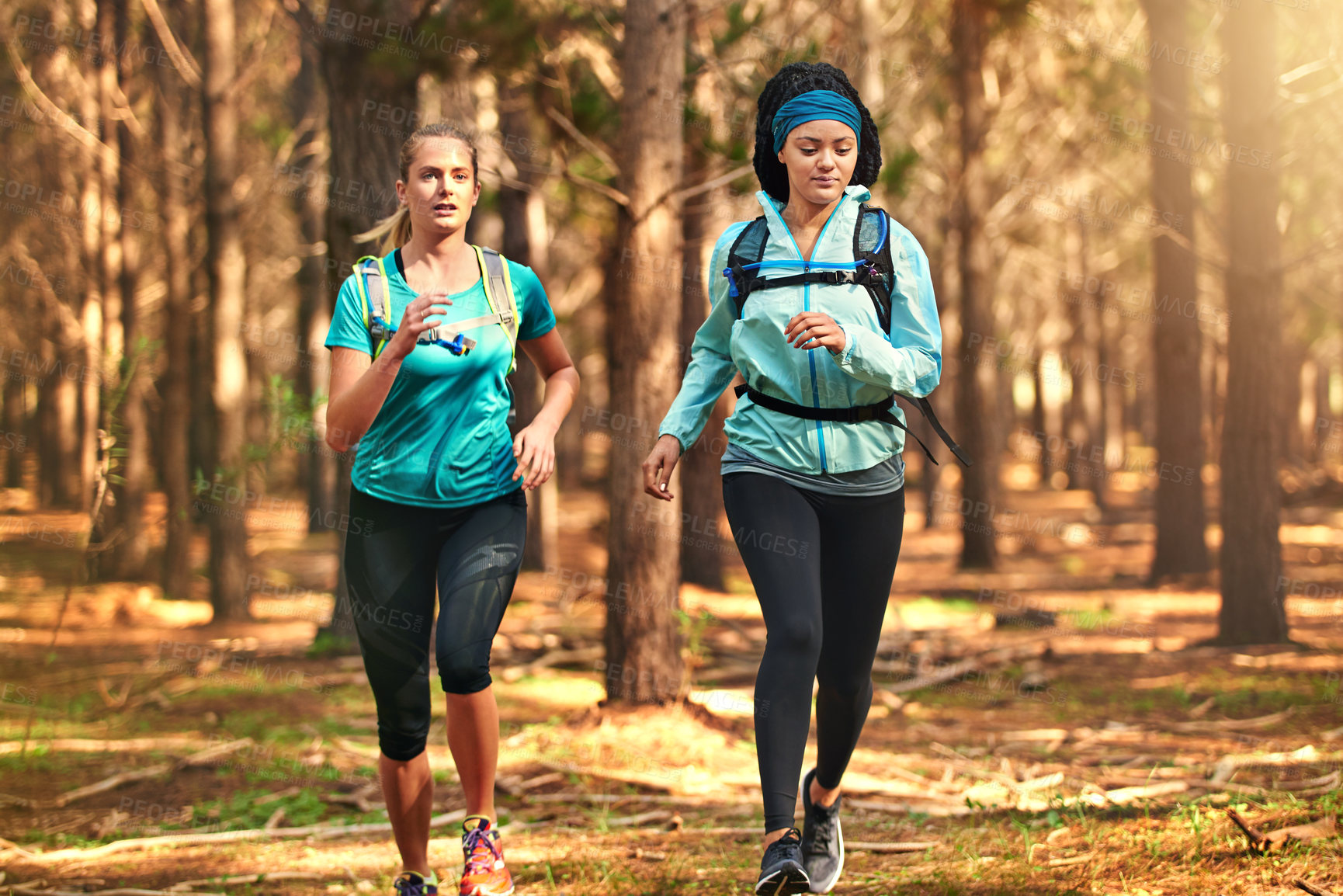 Buy stock photo Shot of two sporty young women out exercising in nature