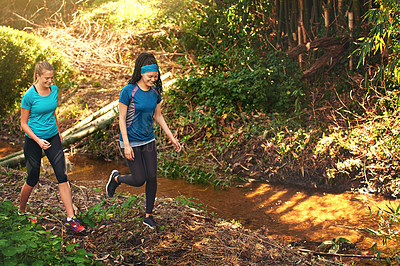 Buy stock photo Shot of two sporty young women out exercising in nature