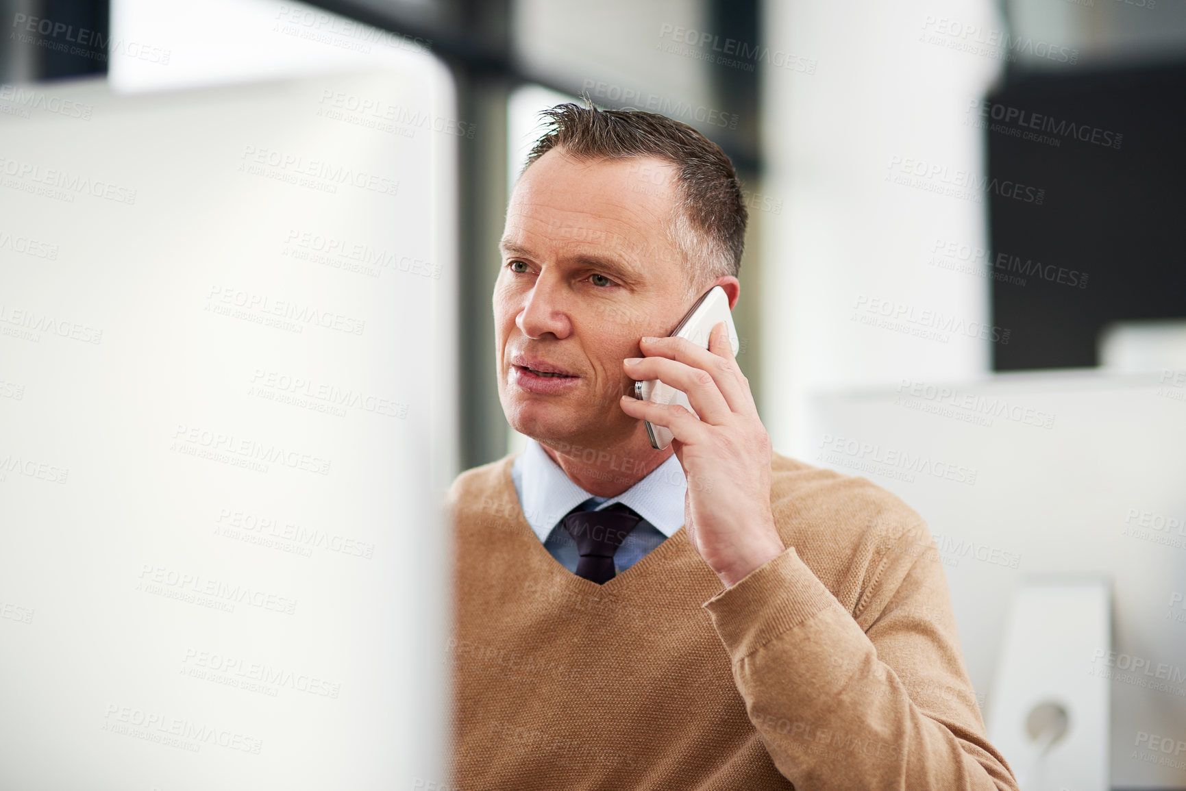 Buy stock photo Businessman, office and conversation on computer with phone call for technical support. Mature person, employee and discussion on pc as project manager for connection, networking and communication