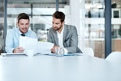 Buy stock photo Discussion, paperwork and business people in a meeting in office boardroom planning corporate strategy. Teamwork, collaboration and male employees working on project with documents with mockup space.
