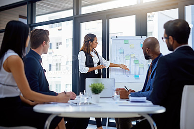 Buy stock photo Shot of a young businesswoman giving a demonstration on a white board to her colleagues in a modern office