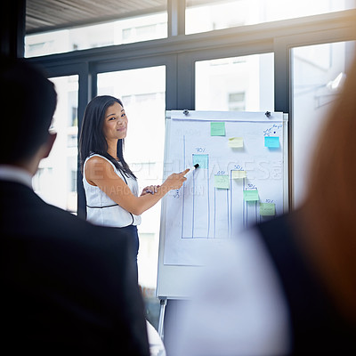 Buy stock photo Shot of a young businesswoman giving a demonstration on a white board to her colleagues in a modern office