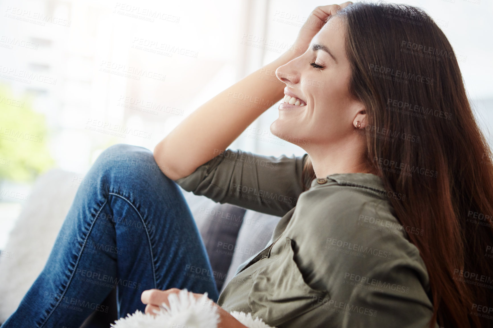 Buy stock photo Comfortable, relax and thinking with woman on sofa in living room of home for break, rest or wellness.  Idea, memory and smile with happy person chilling on couch in apartment for weekend time off