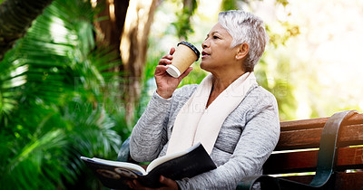 Buy stock photo Old woman, reading book and coffee on a bench in park, relax in retirement and enjoy nature with literature. Calm, peace and mindfulness outdoor with a drink, thinking about pension with paperwork