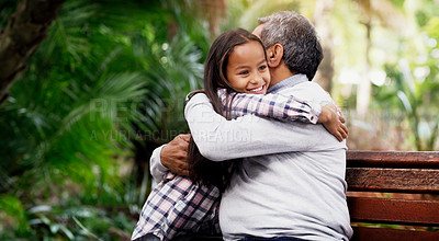 Buy stock photo Hug, girl and grandfather in a park, love and happiness on  a break, loving and bonding together. Happy, granddad or female grandchild embrace, outdoor and cheerful with a smile and relax in a garden