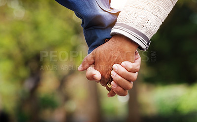 Buy stock photo Love, closeup senior couple holding hands and in a park nature background. Support or care, bonding or quality time and married old people outdoors together in a garden or in green environment.