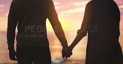 Buy stock photo Couple, holding hands and sunset beach sky with love on vacation, holiday or adventure. Silhouette of man and woman together for freedom, marriage and travel journey or commitment outdoor in nature