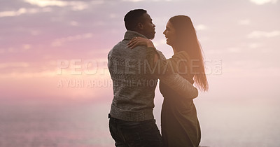 Buy stock photo Couple, dancing and sunset sky at the beach while happy on vacation, holiday or adventure. A man and woman dance to celebrate love, marriage and travel journey or date outdoor in nature with mockup