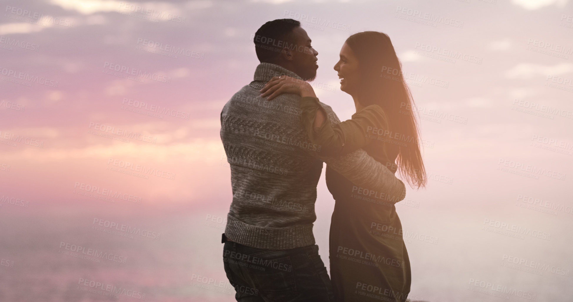 Buy stock photo Couple, dancing and sunset sky at the beach while happy on vacation, holiday or adventure. A man and woman dance to celebrate love, marriage and travel journey or date outdoor in nature with mockup