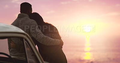 Buy stock photo Couple, hug and sunset sky at beach with love on vacation, holiday or adventure. A man and woman on a road trip for marriage, travel journey or date outdoor in nature with freedom and mockup space