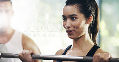 Buy stock photo Fitness, weightlifting and woman with personal trainer for support, help and safety in gym workout. Body builder, exercise and girl in sports club with man for training challenge, teamwork and power.