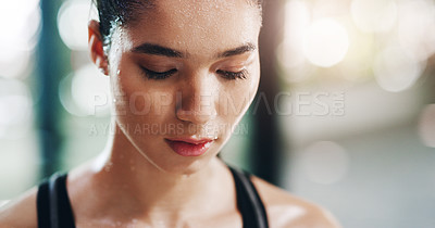 Buy stock photo Fitness, workout and female athlete sweating in the gym after sports and strength training. Motivation, goals and woman doing a wellness and health exercise with focus in a sport center or studio.