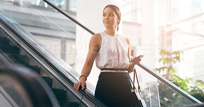 Buy stock photo Business, thinking and woman with a smartphone, escalator and connection for social media, texting and sms. Female person, employee and agent on a moving stairway, cellphone and ideas with thoughts