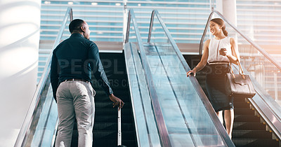 Buy stock photo Business people, greeting and escalator with luggage at airport for work trip, travel or opportunity. Happy businessman and woman talking on electric staircase or lift for immigration with bags